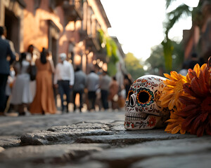 Day Of The Dead Sugar Skull On Cobblestone Street In Mexico