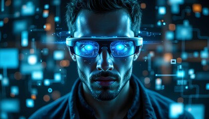 The digital display of a man's face is oriented towards the camera, with a pair of sleek virtual glasses displayed on his head, reflecting a futuristic and innovative technology.