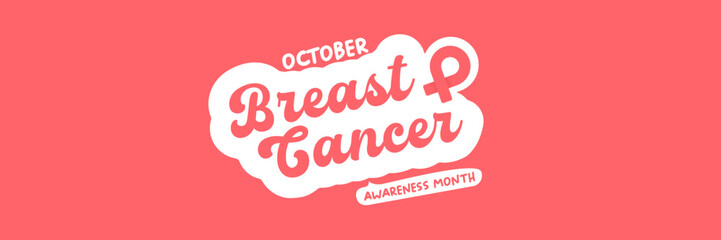 Breast cancer awareness month concept horizontal banner design template with pink ribbon and text isolated on pink background. October is Breast cancer awareness month vector flyer, banner, poster