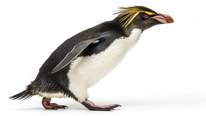 Fototapeta premium Macaroni Penguin with distinctive yellow crest and black-and-white plumage standing on a clean white studio background, sharp focus, and professional studio lighting