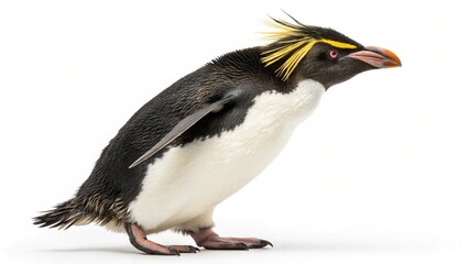 Macaroni Penguin with distinctive yellow crest and black-and-white plumage standing on a clean white studio background, sharp focus, and professional studio lighting