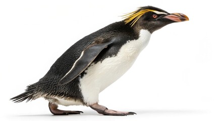 Macaroni Penguin with distinctive yellow crest and black-and-white plumage standing on a clean white studio background, sharp focus, and professional studio lighting