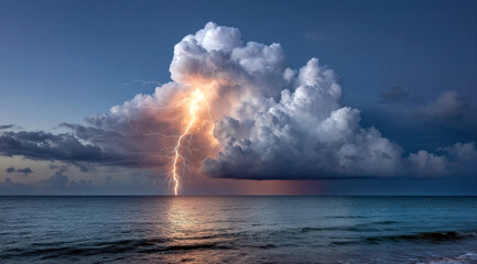 A powerful lightning bolt strikes the ocean during a dramatic storm, illuminating the dark sky and churning sea.