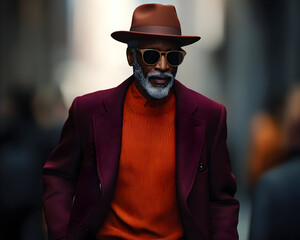 Stylish Mature Man In Urban Setting Wearing Maroon Blazer And Orange Shirt