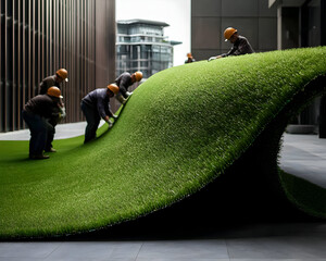 Urban Construction Workers Installing Artificial Grass Sculpture