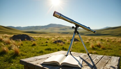 A sleek silver telescope positioned on a tripod next to an open notebook atop a weathered wooden table in a lush meadow dotted with tall grass and scattered rocks under the warm sun of a clear blue sk