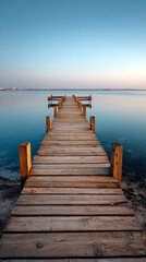 Fototapeta premium A serene view of a long wooden pier stretching into calm, reflective waters at sunrise.