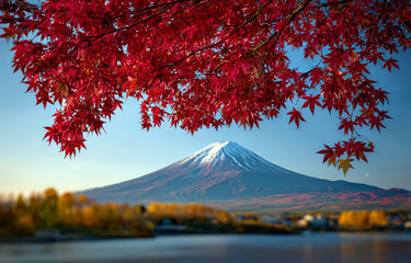 A serene view of Mount Fuji in autumn, framed by vibrant red Japanese maple leaves.