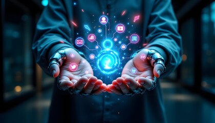 The futuristic image depicts a pair of sleek robotic hands, their shiny metallic fingers outstretched to showcase a vibrant digital training interface