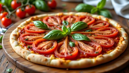Freshly sliced tomatoes and vibrant basil leaves sit atop a thin, crispy crust, providing a burst of Italian flavors with each bite.