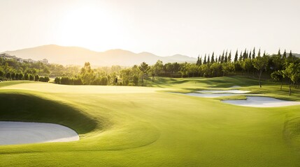 fairway. Vast green golf course under bright sunlight, capturing the tranquility of open landscapes. travel magazines, destination branding, designed for outdoor magazines and nature guides.

