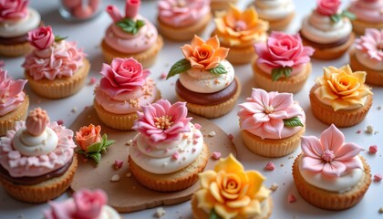 The photo captures a stunning display of decadent sweet desserts, adorned with intricate sugar flower decorations crafted with precision using advanced technology.