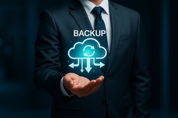 Cloud Data Backup Solutions – Businessman Showcasing Secure Cloud Storage and Data Recovery Technology