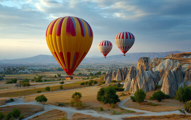 Naklejka premium Hot air balloons soar over the surreal landscape of Cappadocia, Turkey, during the golden hour.