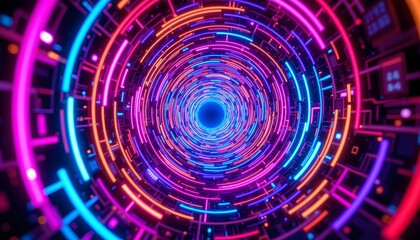 Fototapeta premium The dazzling display of swirling neon lights in the image creates a mesmerizing tunnel like structure that draws the viewer into a pulsating world of vibrant colors and energetic movement.