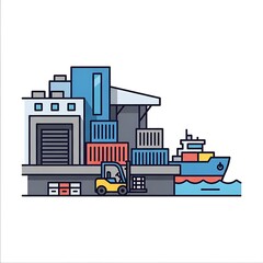 Naklejka premium Modern Industrial Warehouse with Shipping Containers and Cargo Ship in Dock