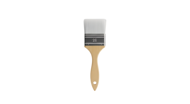 Paintbrush with wooden handle and white bristles on black background centered