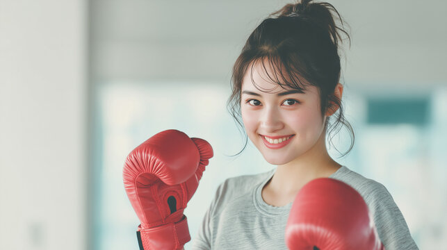 Smiling Young Woman Practicing Boxing in Gym
