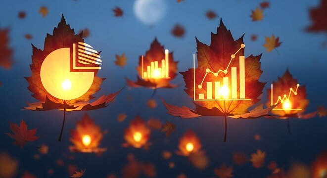Autumnal data visualization maple leaves displaying charts and graphs