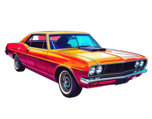 A stylized illustration presents a classic vehicle, featuring vibrant gradient colors of red, orange, and yellow, set against a solid black background.