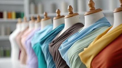 Colorful fabric wraps showcased on display mannequins in a sewing studio with neatly arranged spools of thread in the background