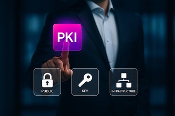 PKI Security Solutions – Businessman Presenting Public Key Infrastructure for Data Encryption and Digital Authentication