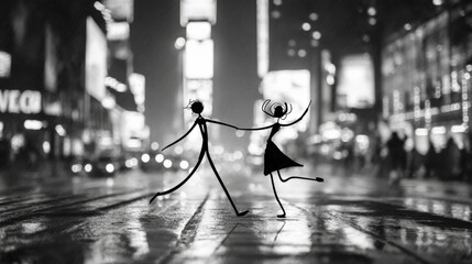 A striking black and white line art photograph, minimalist and expressive. The scene is set on a rain-slicked, brightly lit boulevard of a sprawling metropolis at night.