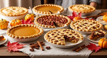 Assortment of homemade autumn pies displayed with seasonal decorations