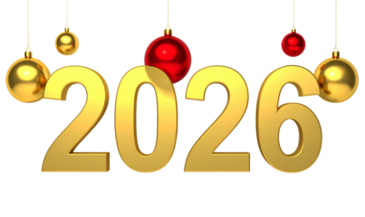 Christmas Background with Gold and Red Ornaments and 3D 2026 Typography, Elegant Holiday PNG