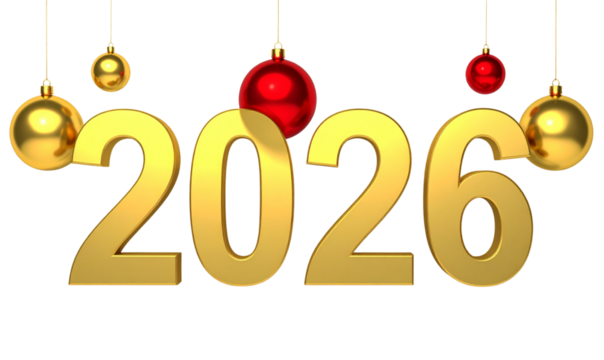 Christmas Background with Gold and Red Ornaments and 3D 2026 Typography, Elegant Holiday PNG