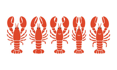  Lobster Row with Two Antennae Minimal Red Seafood Vector illustration on White, ocean food, easily editable and scalable.