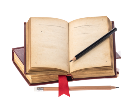 A vintage, open book rests atop other books, featuring aged pages with a pencil placed across the center, alongside another pencil lying below it with a red bookmark, all set against a black...