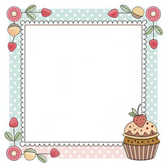 Cute scalloped square frame with flowers, berries, and a cupcake. Sweet illustration