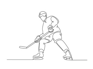 Fototapeta premium Professional ice hockey player in single outline illustration. Continuous line art drawing of hockey sport. Editable stroke.
