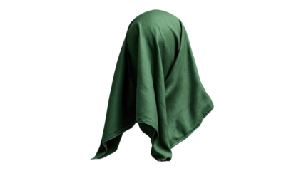A deep green cloth drapes over a form, obscuring it entirely