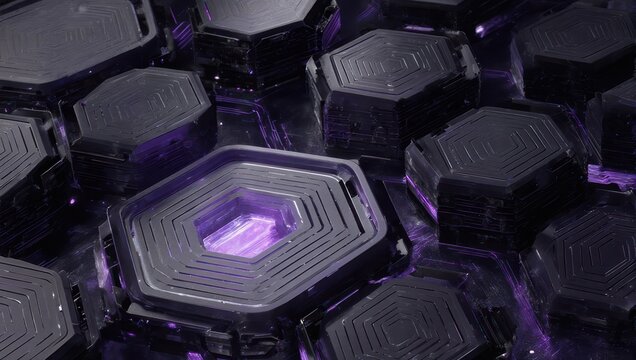 Futuristic Hexagonal Grid with Glowing Purple Core. - Powered by Adobe