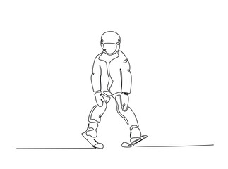 Little kid skiing in single outline illustration. Continuous line art drawing of happy kid skiing in winter season. Editable stroke.