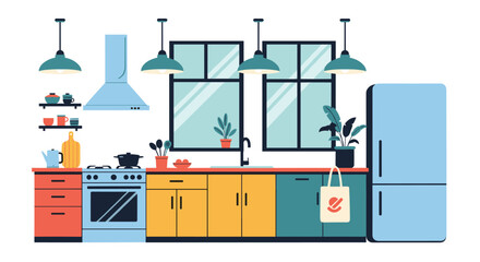 A bright and modern kitchen interior with colorful cabinetry and essential appliances.