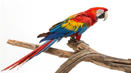 Obraz premium Colorful Macaw parrot with vibrant red, blue, and yellow feathers perched gracefully on a branch, isolated on a clean white studio background with sharp focus