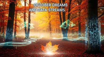 Autumnal forest scene with abstract digital overlay and leaf