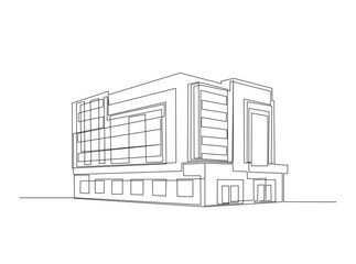Building architecture in single outline illustration. Continuous line art drawing of modern building construction. Editable stroke.
