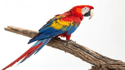 Fototapeta premium Colorful Macaw parrot with vibrant red, blue, and yellow feathers perched gracefully on a branch, isolated on a clean white studio background with sharp focus