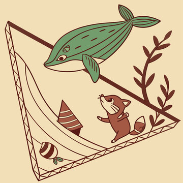 Cute Mouse Relaxing in a Dreamy Netscape with Green Fish and Nature Elements