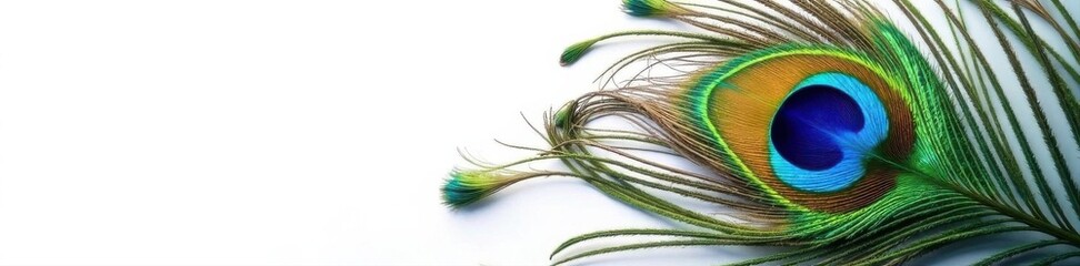 Obraz premium Vibrant peacock feather details on pure white , tropical, exotic, vibrant