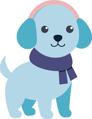 Cute blue puppy wearing earmuffs and a scarf stands on a white background