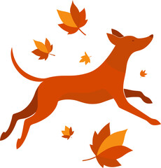 Stylized dog running playfully amidst falling autumn leaves on a white background
