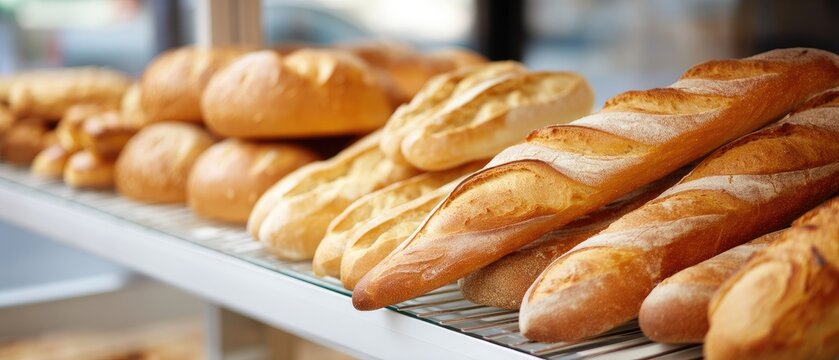 Freshly baked bread displayed on a shelf in a bakery, showcasing various types of loaves and rolls in the morning light