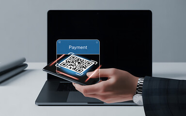 Businessman using smartphone to scan qr code for payment transaction on computer