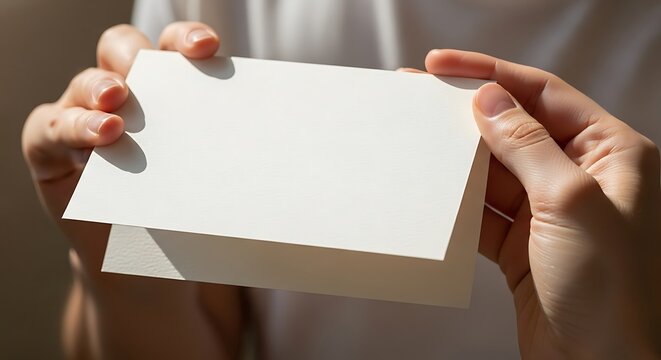 Hands presenting a blank greeting card for personalized message design