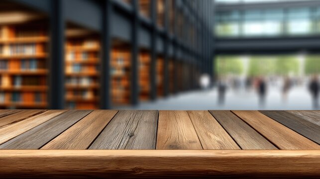 Wooden table in a library setting with students studying in a blurred background during daytime